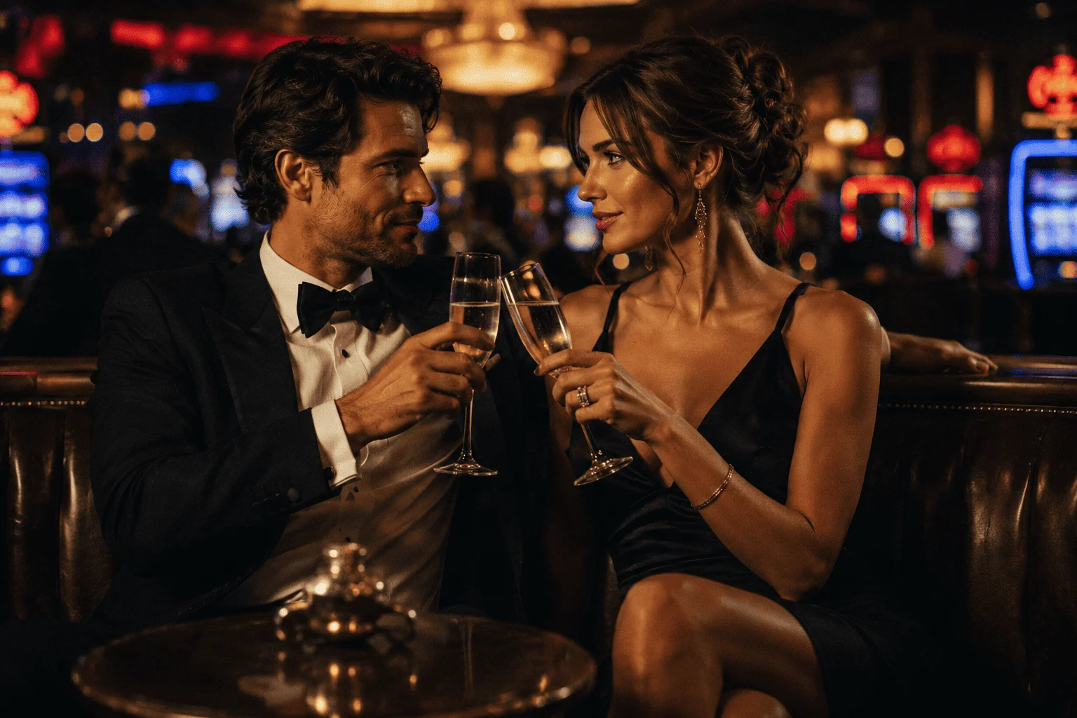 Casino-inspired engagement gathering styled with delicate flowers and warm light