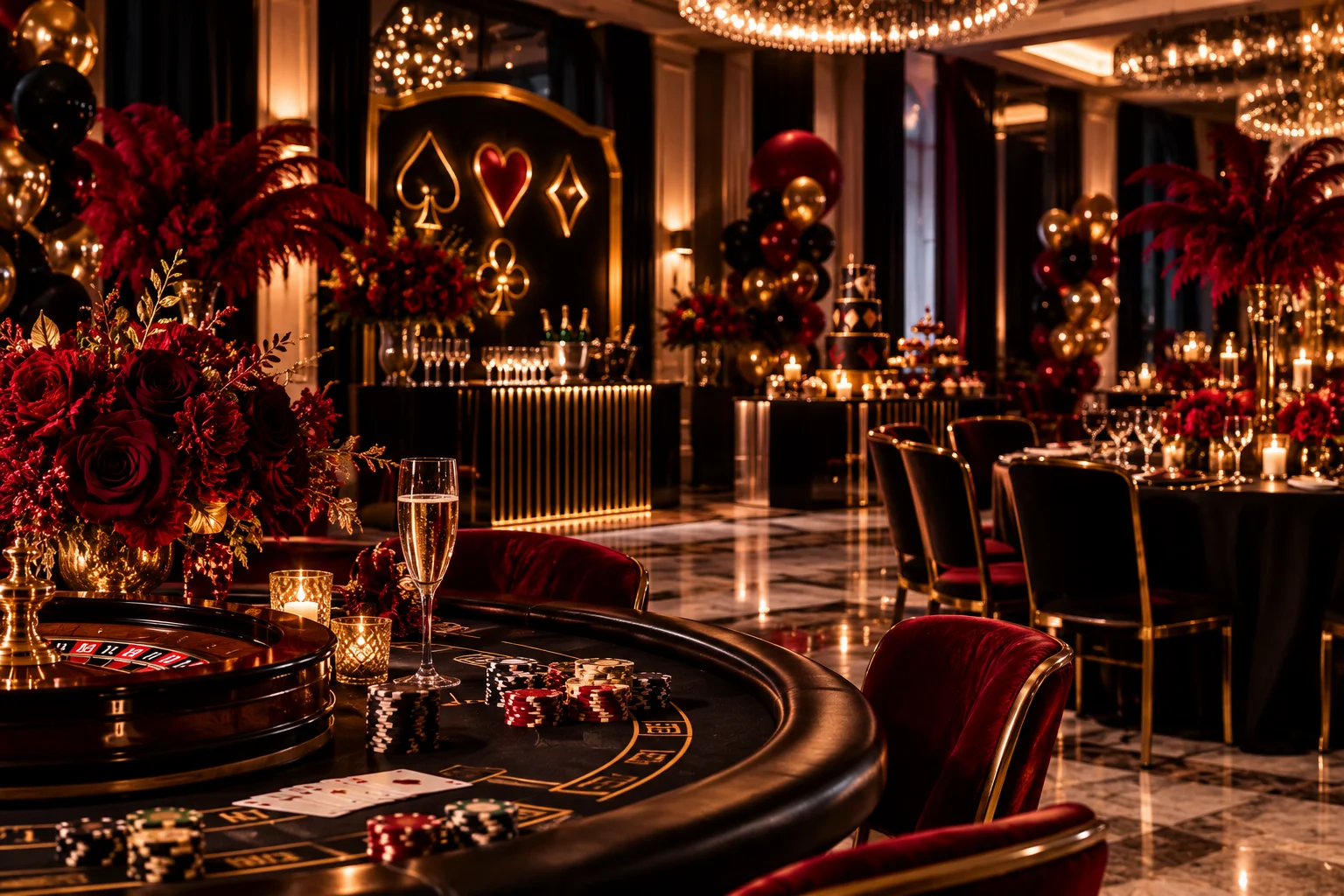 Casino-inspired celebration tablescape layered with candlelight, seasonal flowers, and soft linens