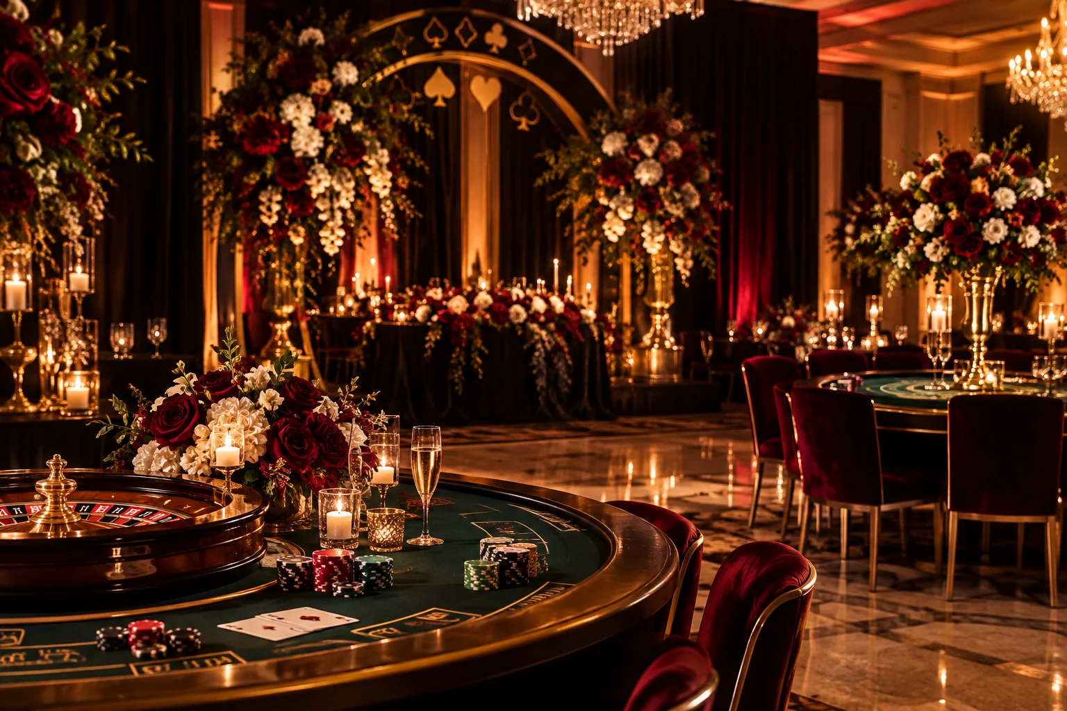Casino-inspired floral arrangement in cream, blush, and deep wine tones